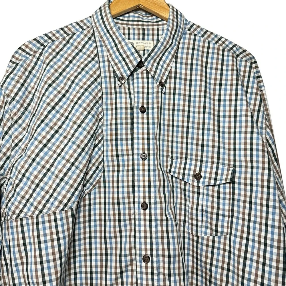 Onward‎ Reserve XL Gingham Shirt Blue Brown Plaid Outdoor Vented Fishing Cotton